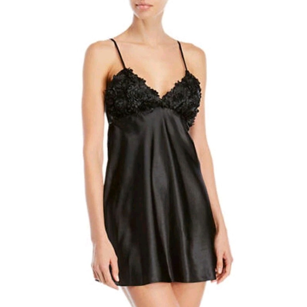 NWT Flora by Flora Nikrooz Black Satin Chemise XL 3D Floral Nightgown Babydoll